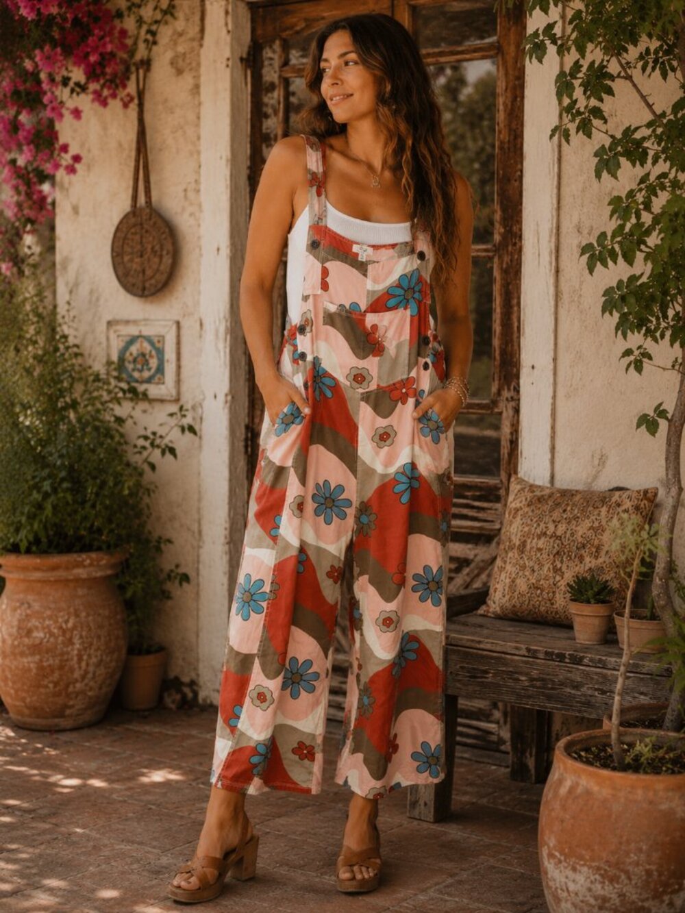 Easel Retro Floral Cotton Overalls